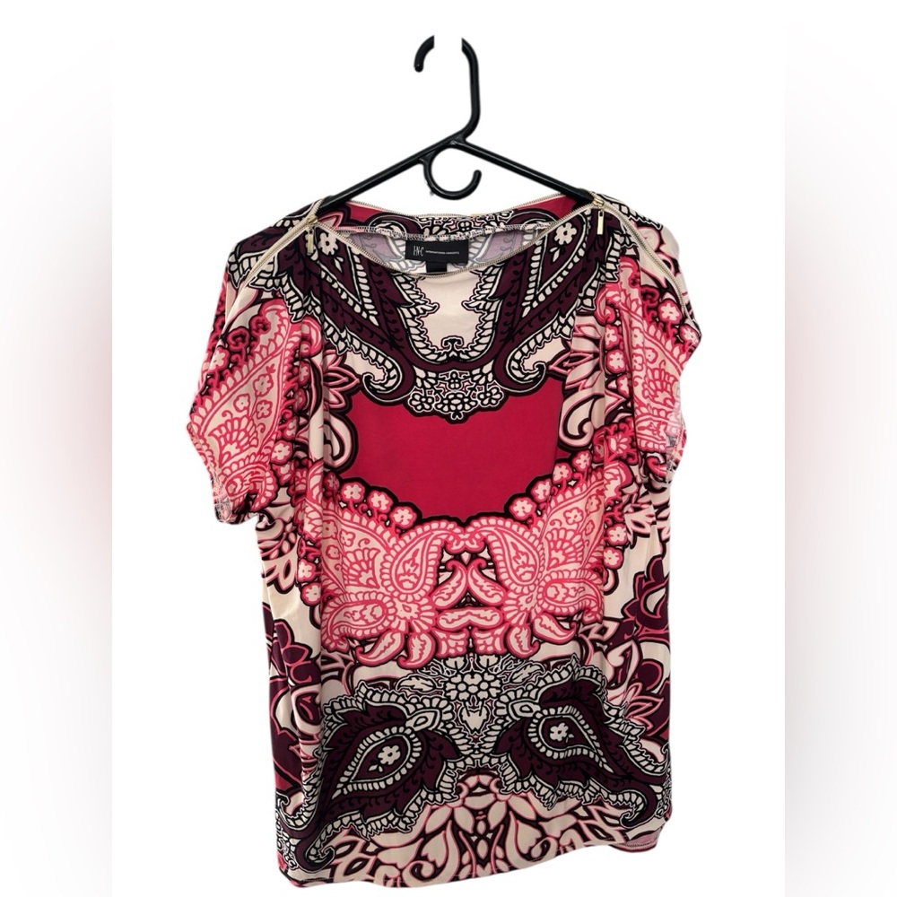 INC International Concepts Pink and Cream Paisley Short Sleeve Top